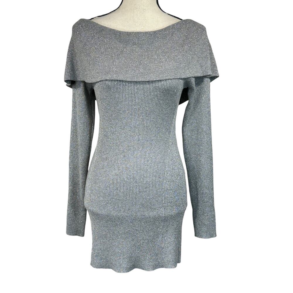 WHBM Medium Mini Dress Silver Sparkly Long Sleeve Off-Shoulder Bow Keyhole Gray
